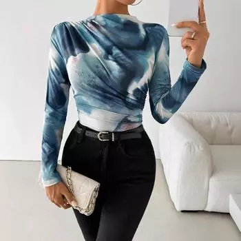 Женская весна и осень круглый вырез длинный рукав низ верх S небесно-голубой