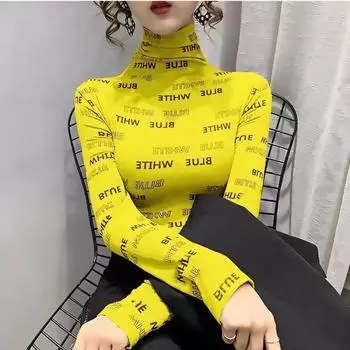 Женская весна и осень, новая мода, элегантный свитер с полувысоким воротом и надписью, корейская универсальная футболка с длинным рукавом и приталенным кроем L синий