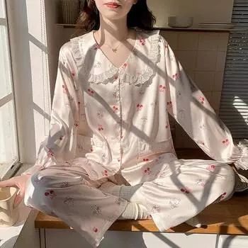 Женская весна и осень, новый комплект домашней одежды из шелка Ice, пижамы с длинными рукавами для девочек, длинные брюки в стиле принцессы, домашняя одежда M розовый