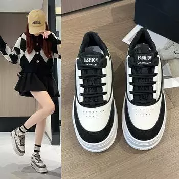 Женская весна и осень, новый стиль, универсальные повседневные туфли из бисквита для папы, толстая подошва, увеличивающая рост, дышащая обувь для женщин 35 чёрный