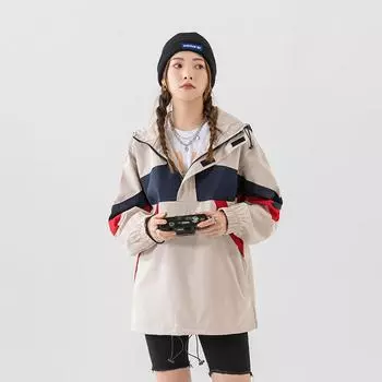 Женская весна и осень японская свободная полурасстегивающаяся куртка с длинными рукавами пуловер с капюшоном контрастные цвета пальто 3XL