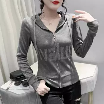 Женская весна и осень тонкий большой размер длинный рукав кардиган винтажная куртка на молнии с капюшоном с буквенным принтом 3XL