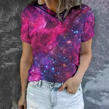 Женская весна-лето 2024, повседневная модная футболка с короткими рукавами и круглым вырезом с принтом неба, топы/рубашки L горячий розовый
