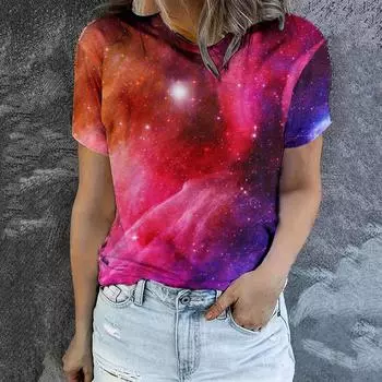 Женская весна-лето 2024, повседневная модная футболка с короткими рукавами и круглым вырезом с принтом неба, топы/рубашки L красный