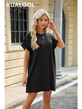 Женская весна/лето, новая повседневная свободная юбка до колена длиной до колена с круглым вырезом и короткими рукавами для женщин S чёрный