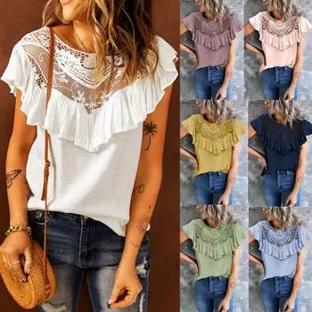 Женская весна/лето новая свободная футболка с вырезом и круглым вырезом с кружевными рюшами, топ S розовый