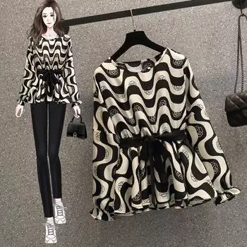 Женская весна-лето, новая винтажная шифоновая рубашка с принтом Fat Sister, топ с тонкой талией, блузка с круглым воротником и длинными рукавами XXXL бежевый