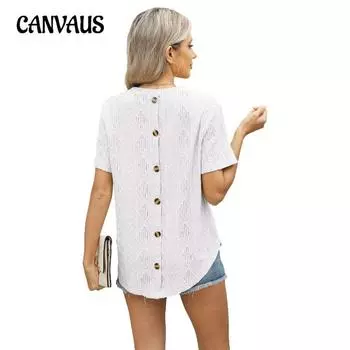 Женская весна-лето, новые жаккардовые футболки с круглым вырезом и короткими рукавами на пуговицах сзади S белый