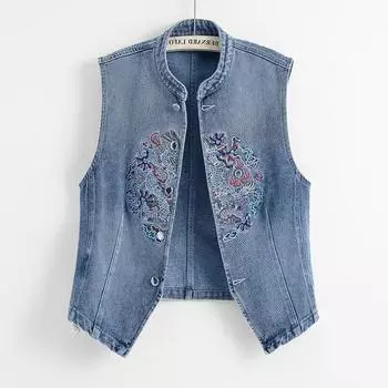 Женская весна-лето новый тонкий джинсовый жилет темпераментная куртка с вышивкой 3XL
