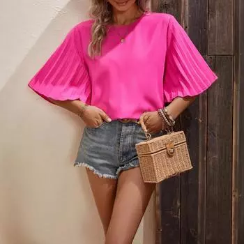 Женская весна-лето повседневная мода однотонный круглый вырез рукав пять точек свободный топ S роза розовый