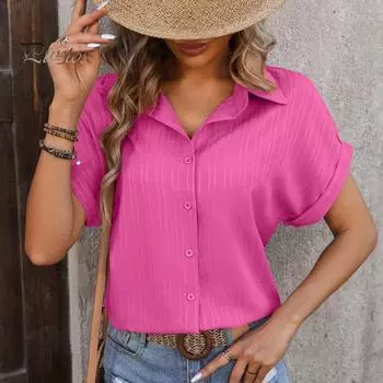 Женская весна-лето рубашка с лацканами и коротким рукавом однотонная рубашка однобортная свободная дышащая рубашка S белый