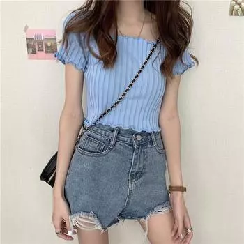 Женская весна-лето с квадратным вырезом и коротким рукавом, однотонная трикотажная футболка из ледяного шелка OneSize розовый