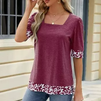 Женская весна-лето, топ с квадратным вырезом и принтом, контрастный подол, пузырчатая футболка с разрезом на рукавах