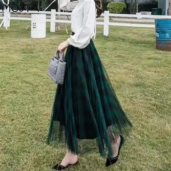 Женская весна-лето в стиле бохо, эластичная клетчатая сетчатая юбка с высокой талией, юбка трапециевидной формы, женская пляжная юбка