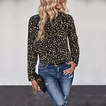 Женская весна осень длинный рукав бандаж печать пуловер рубашка блузка топ S чёрный