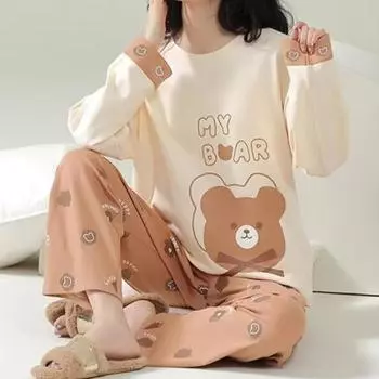 Женская весна-осень, новая пижама с рисунком из мультфильмов, двухкомпонентная корейская милая свободная пижама, домашний костюм, женская повседневная ночная рубашка M зелёный