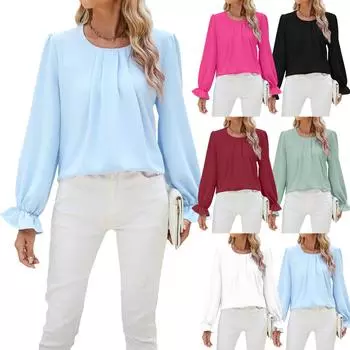 Женская весна-осень оборки длинный рукав О-образный вырез однотонный пуловер шифон рубашка блузка топ S белый