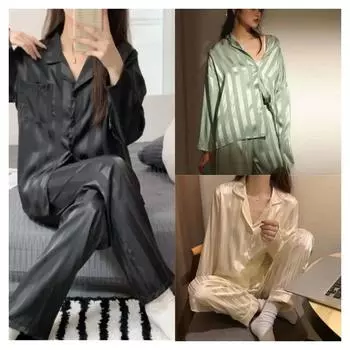 Женская весна осень пижама из двух предметов с длинными рукавами и брюками комплекты для девочек домашняя одежда с отворотом однотонная тонкая полосатая домашняя одежда повседневная M чёрный