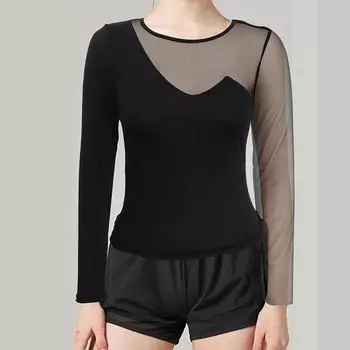 Женская весна-осень с длинным рукавом и круглым вырезом, черная контрастная сетчатая футболка, топ S чёрный