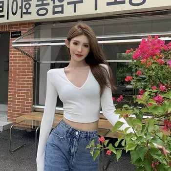 Женская весна-осень с длинным рукавом и V-образным вырезом, сплошной цвет, укороченный топ с голым животом, футболка M кофейный