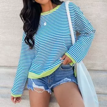 Женская весна-осень с длинным рукавом и круглым вырезом, пуловер, футболка, блузка, топ S синий