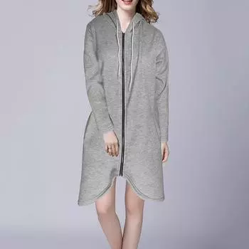 Женская весна осень с длинным рукавом с капюшоном сплошной цвет карман на молнии длинная толстовка с капюшоном кардиган пальто S серый