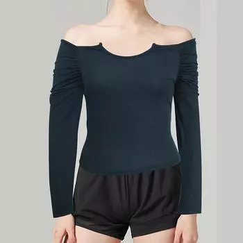Женская весна-осень с длинным рукавом, сплошной цвет с открытыми плечами, приталенная футболка, топ S темно-синий