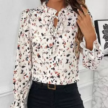 Женская весна-осень с длинными рукавами и оборками, воротник-стойка, рубашка с принтом, блузка, топ S белый