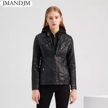 Женская весна-осень с капюшоном из двух частей, съемная кожаная куртка большого размера из искусственной кожи, S-4XL