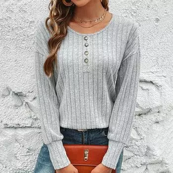 Женская весна-осень с круглым вырезом и длинным рукавом, однотонный пуловер, футболка, блузка, топ S