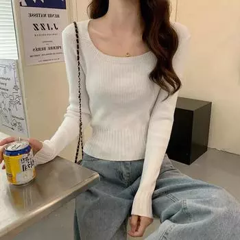 Женская весна-осень с квадратным воротником и длинным рукавом, однотонная тонкая верхняя одежда, короткий вязаный свитер OneSize чёрный