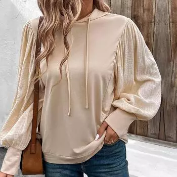 Женская весна-осень с рукавами-фонариками и капюшоном на шнурке, однотонный пуловер с капюшоном, толстовка с капюшоном, топ S абрикосовый