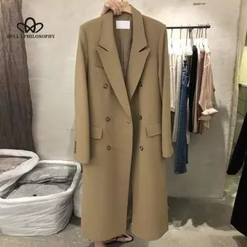 Женская ветровка, длинная осень-весна, новое повседневное корейское пальто, модное повседневное свободное пальто, длинное пальто XL хаки