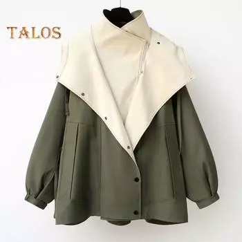 Женская ветровка с капюшоном, лоскутное цветное блоковое застежка-молния и пуговицы, длинные рукава, плотная талия, свободное пальто, куртка в стиле карго для отдыха на открытом воздухе M зелёный