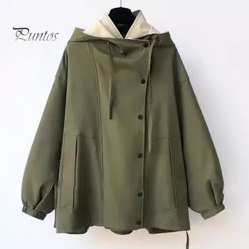 Женская ветровка с капюшоном, лоскутное цветное блоковое застежка-молния и пуговицы, длинные рукава, плотная талия, свободное пальто, куртка в стиле карго для отдыха на открытом воздухе M чёрный