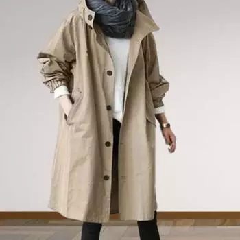 Женская ветровка с капюшоном на пуговицах, свободное однотонное пальто с длинными рукавами длиной до колена S розовый