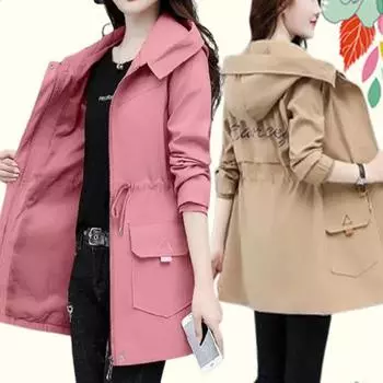 Женская ветровка с капюшоном, подкладочное пальто, женская средней длины, весна-осень, корейская свободная, изящная, повседневная, плиссированная, с принтом M чёрный