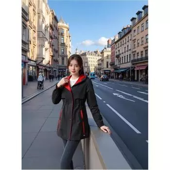 Женская ветровка с капюшоном средней длины, свободного покроя, на весну и осень 6XL чёрный