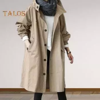 Женская ветровка с капюшоном, застегивающаяся на пуговицы, свободное однотонное пальто с длинными рукавами, длиной до колена, с карманами, ветрозащитная женская куртка с узкой талией S светло-серый