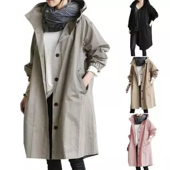 Женская ветровка с капюшоном, застегивающаяся на пуговицы, свободное однотонное пальто с длинными рукавами, длиной до колена, с карманами, ветрозащитная женская куртка с узкой талией L хаки