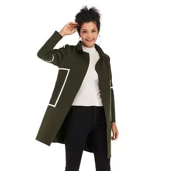 Женская ветровка с лацканами, повседневный женский кардиган с длинными рукавами, шерстяное пальто для поездок на работу в европейском стиле, простая повседневная одежда на осень-зиму M зелёный