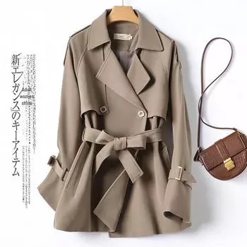 Женская ветровка в британском стиле осень 2024 года: Модное, узкое, с лацканами, короткое пальто S хаки