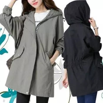 Женская ветровка весна осень пальто с капюшоном женская верхняя одежда спортивная средней длины тренч большие размеры 5XL пальто M чёрный
