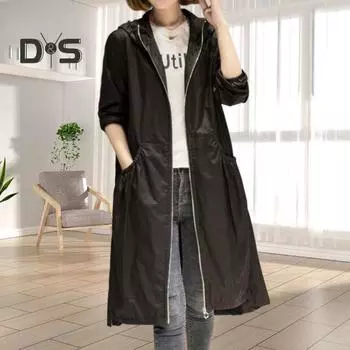 Женская ветровка весна-осень с капюшоном средней длины на молнии с длинными рукавами и карманами однотонный тонкий длинный тренчкот в уличном стиле 2XL