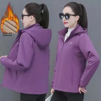 Женская ветрозащитная и водонепроницаемая куртка с капюшоном на бархатной подкладке для осени и зимы 3XL бежевый