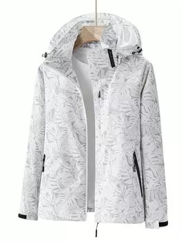 Женская ветрозащитная водостойкая куртка, рисунок с изображением листьев, спортивный стиль, альпинизм на открытом воздухе, пальто с капюшоном для пар M белый