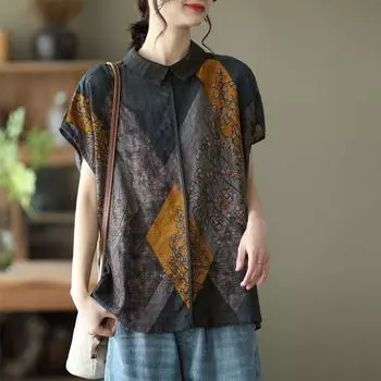 Женская винтажная этническая блузка свободного покроя из хлопка, летняя модная рубашка с воротником-поло и коротким рукавом, повседневные простые топы, блузы, Ropa XXXXXL зелёный