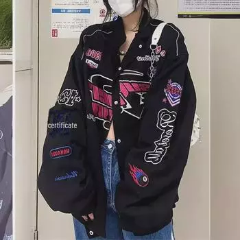 Женская винтажная бейсбольная летная куртка — вышитая, стеганая, свободного кроя, в гонконгском стиле, для осени и зимы. L