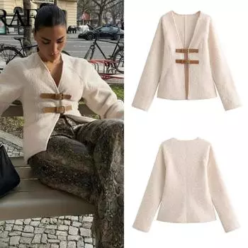 Женская винтажная белая кожаная шерстяная куртка с пряжкой, женская 2024, элегантное однобортное пальто с длинными рукавами, женский весенний свитер XS белый