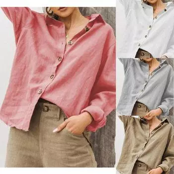 Женская винтажная блузка большого размера в стиле Харадзюку, элегантная уличная одежда, туники, повседневная однотонная рубашка на пуговицах с длинными хлопково-льняными рукавами XL